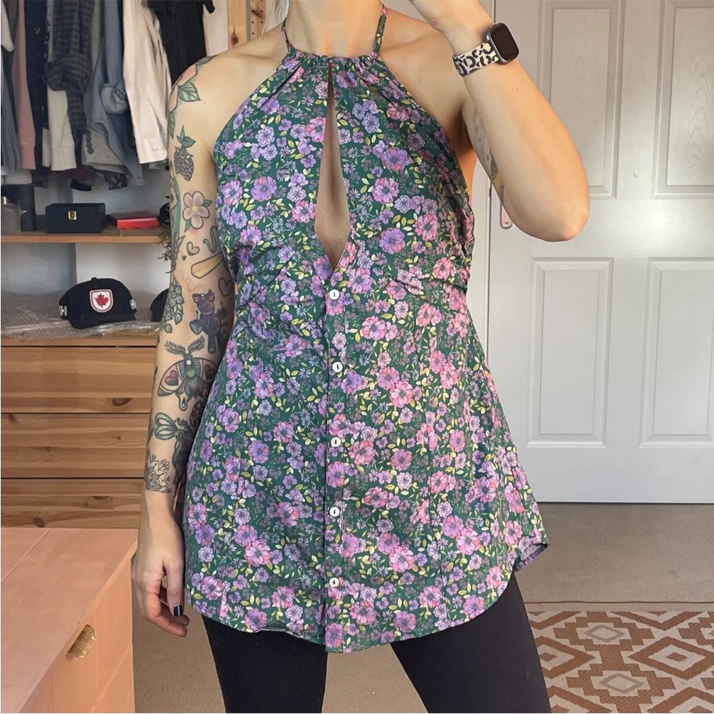Free People Lyla Tunic Blouse Top XS UK 6 8 Green Floral Halterneck Boho BN - Picture 1 of 8